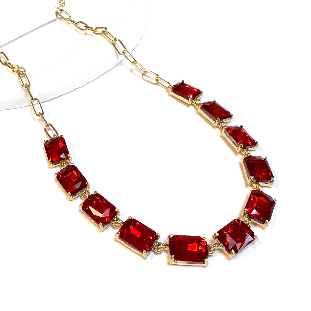 Rectangle Crystal Glass Linked Statement Chain Necklace