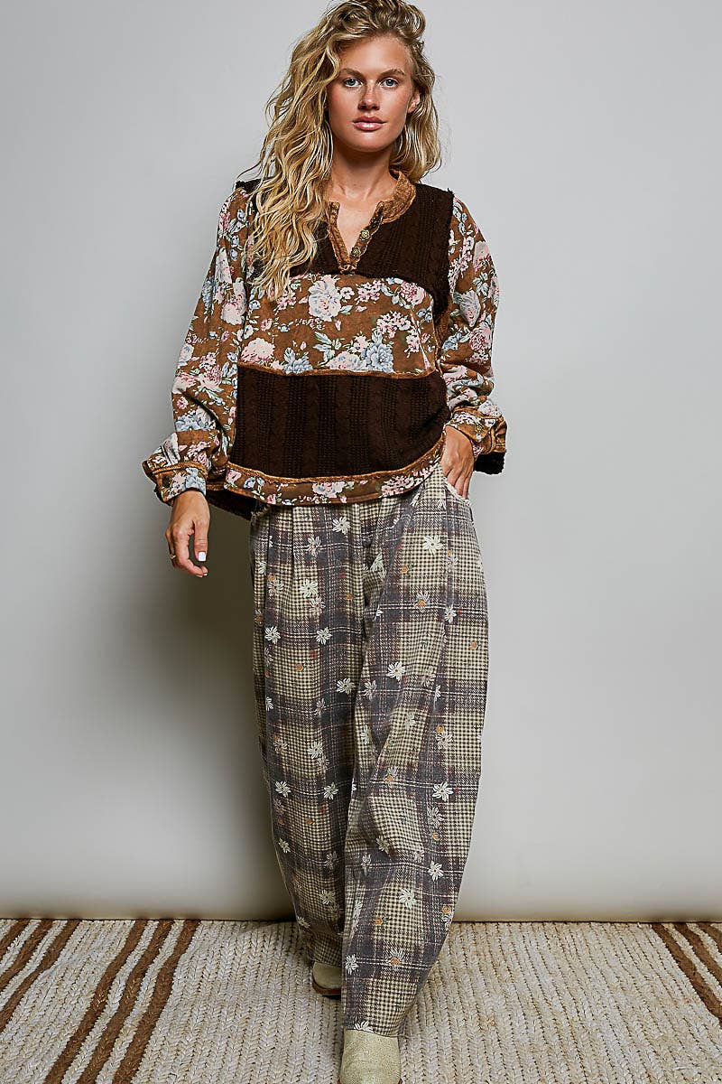POL French Terry Raw-Edge Trim Patchwork Textured Knit Top