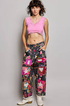 Heart Star Patchwork Lace Trim Barrel Pants
