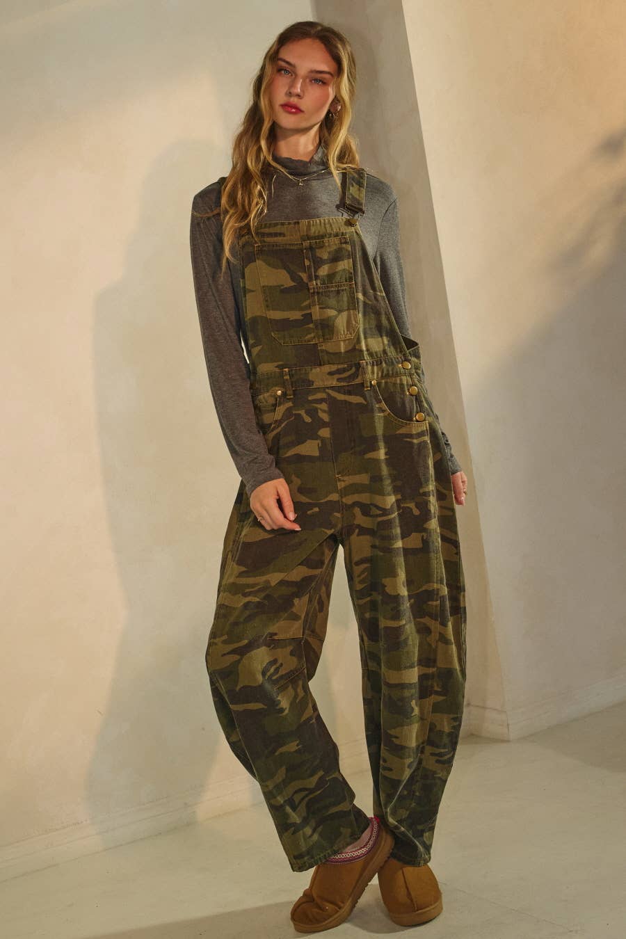 Camo Denim Barrel Overalls Jumpsuit