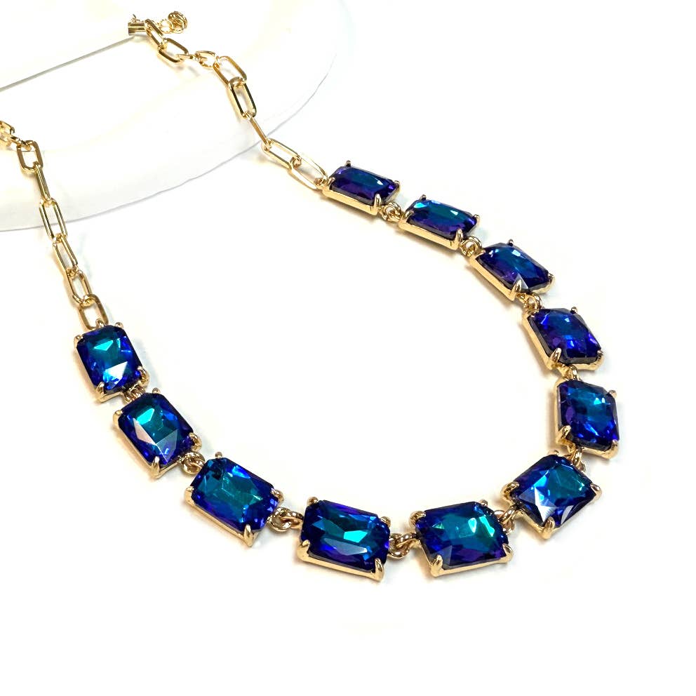 Rectangle Crystal Glass Linked Statement Chain Necklace