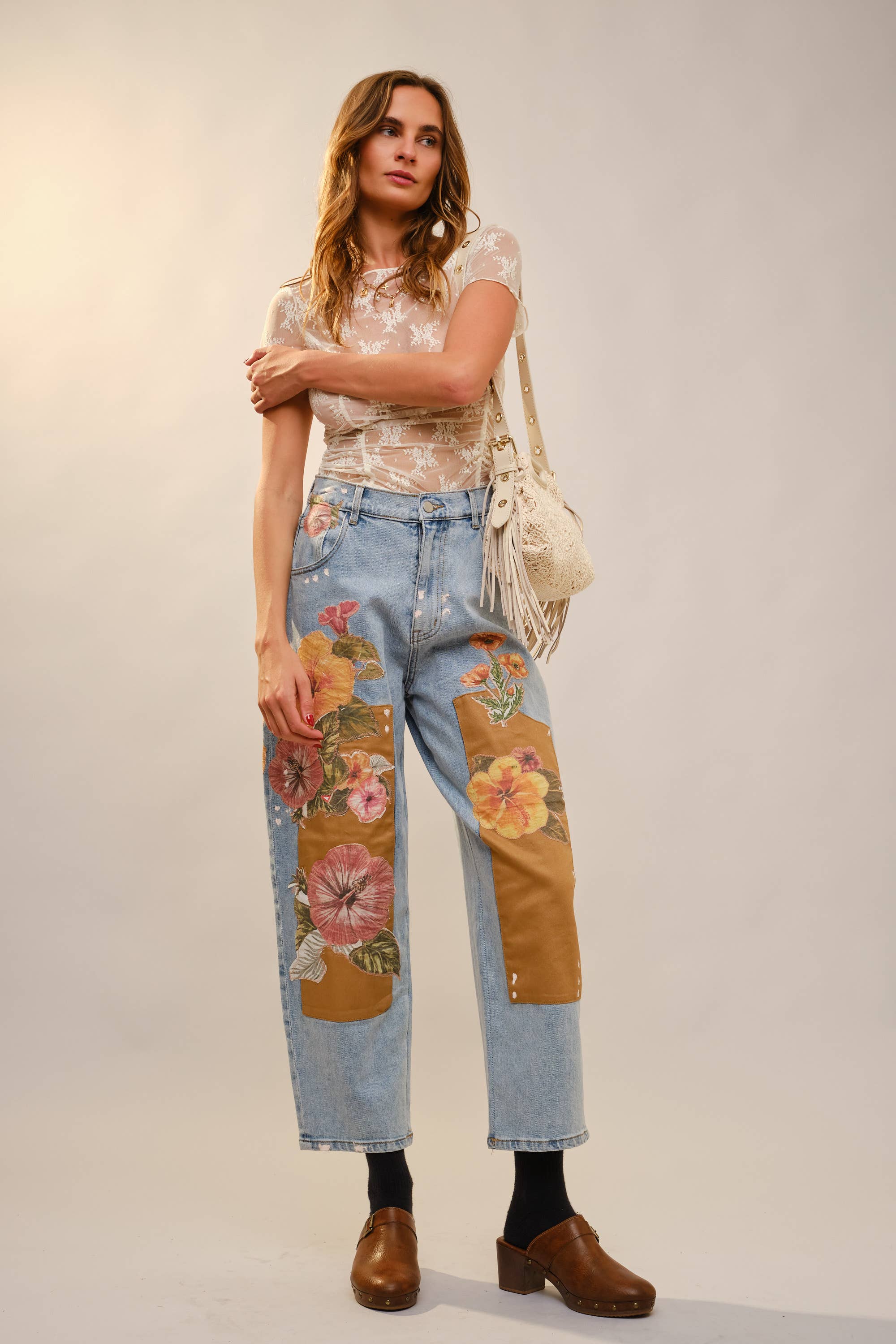 Floral Patchwork Barrel Leg Jean – High Rise Relaxed Fit