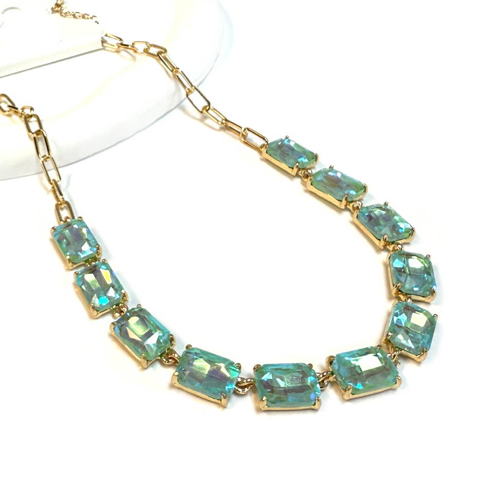 Rectangle Crystal Glass Linked Statement Chain Necklace