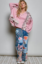 POL Floral Ruffle Trim Textured Ribbed Long Sleeve Knit Top