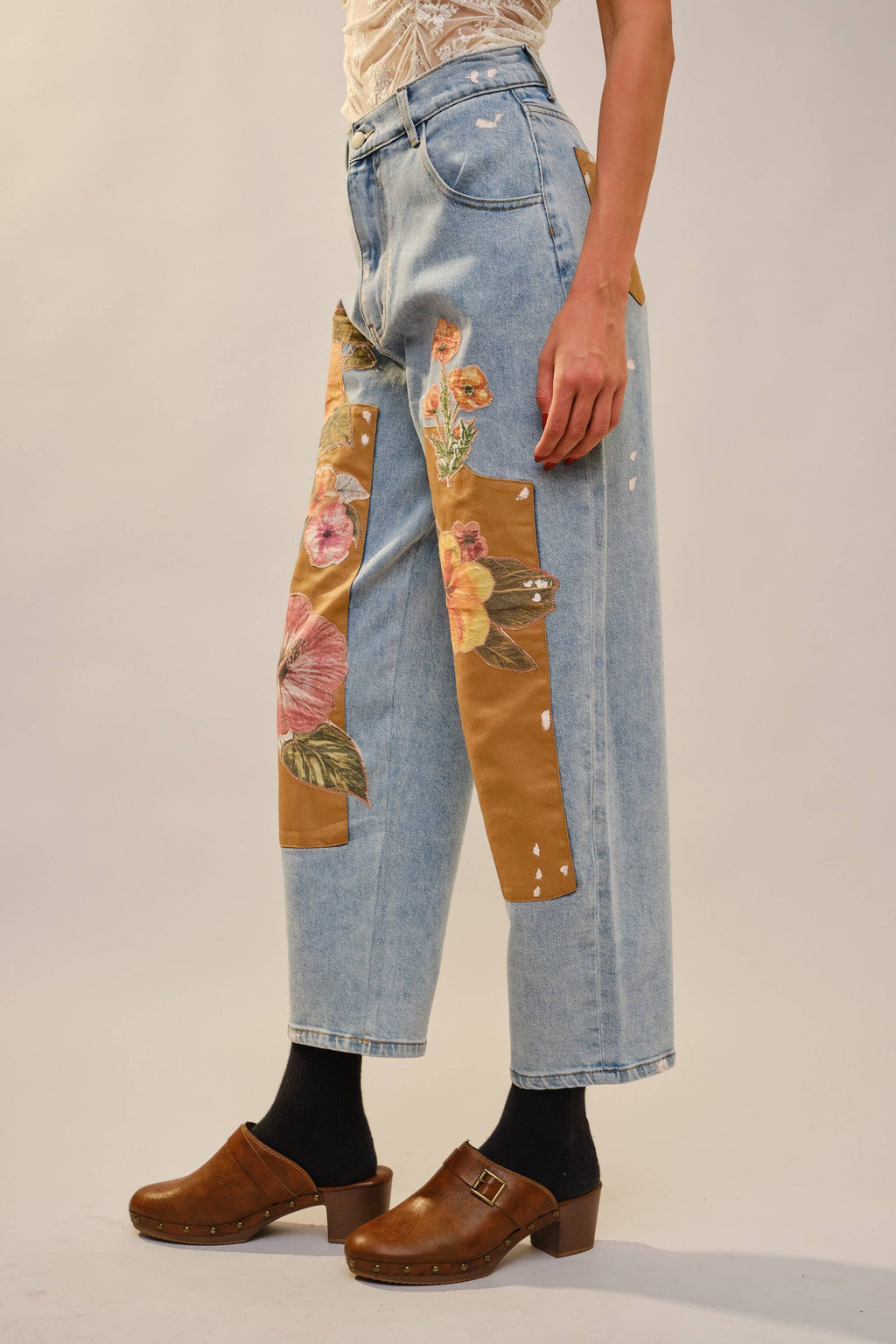 Floral Patchwork Barrel Leg Jean – High Rise Relaxed Fit