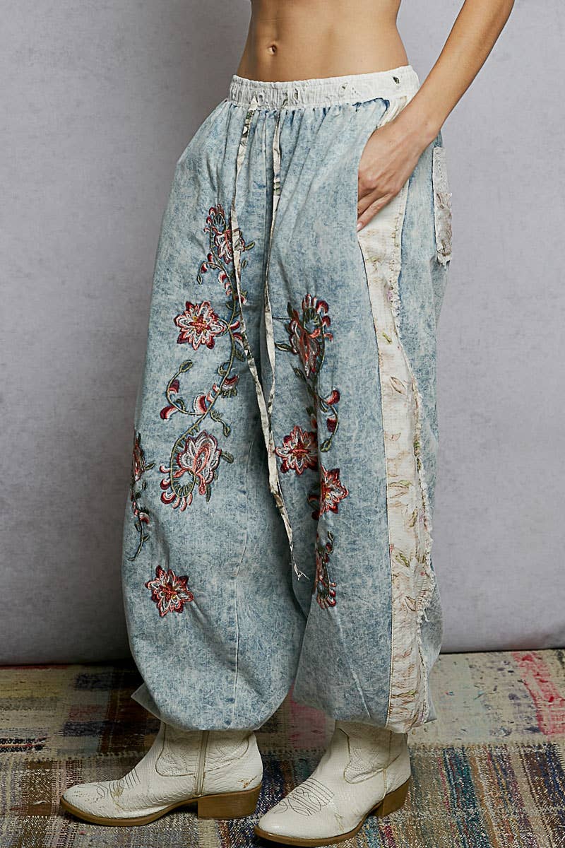 Floral Embroidery Print Patch Denim Jogger Pants