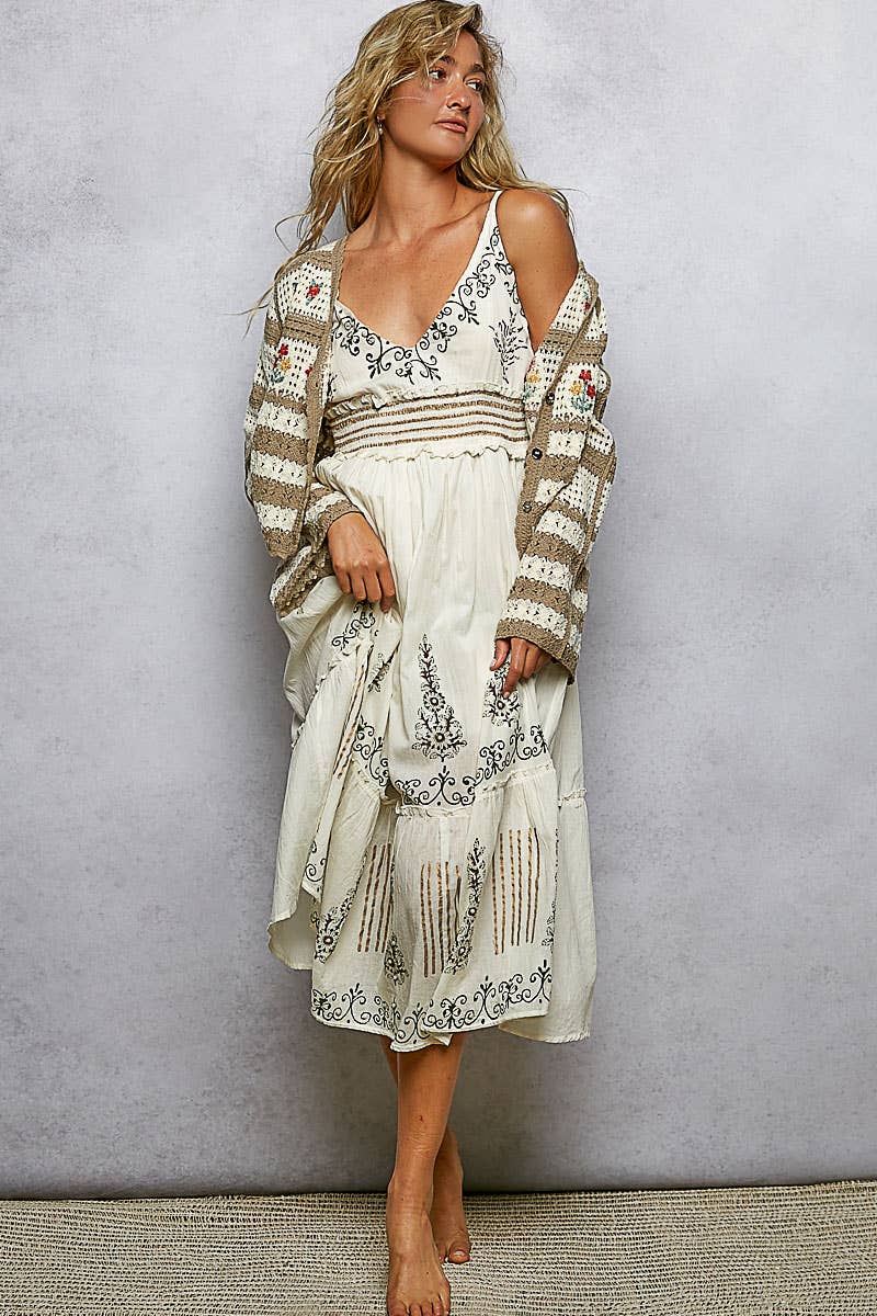 Stripe Long Sleeve Floral Embroidered Crochet Cardigan SALE