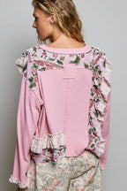 POL Floral Ruffle Trim Textured Ribbed Long Sleeve Knit Top