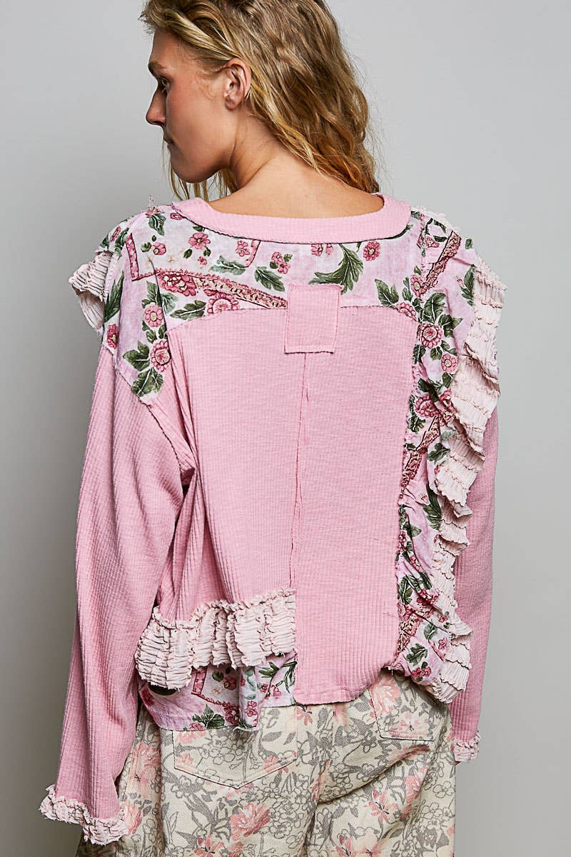 POL Floral Ruffle Trim Textured Ribbed Long Sleeve Knit Top