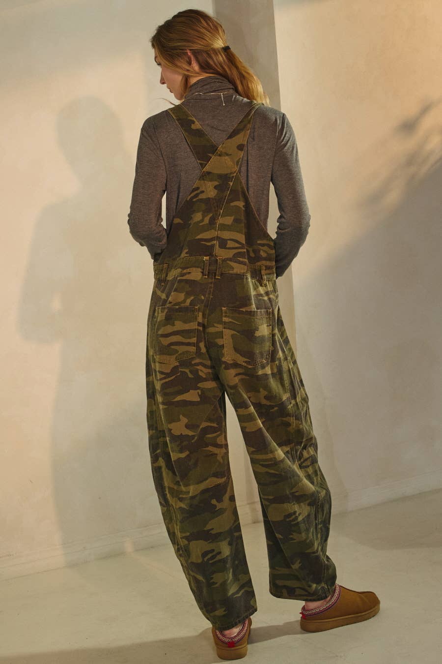 Camo Denim Barrel Overalls Jumpsuit
