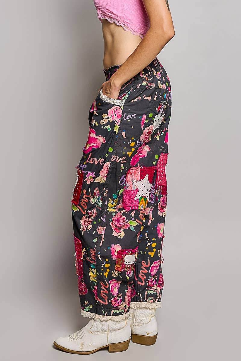 Heart Star Patchwork Lace Trim Barrel Pants