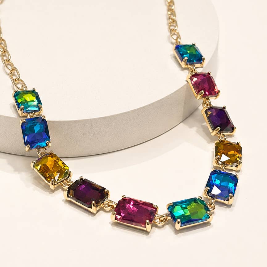 Rectangle Crystal Glass Linked Statement Chain Necklace