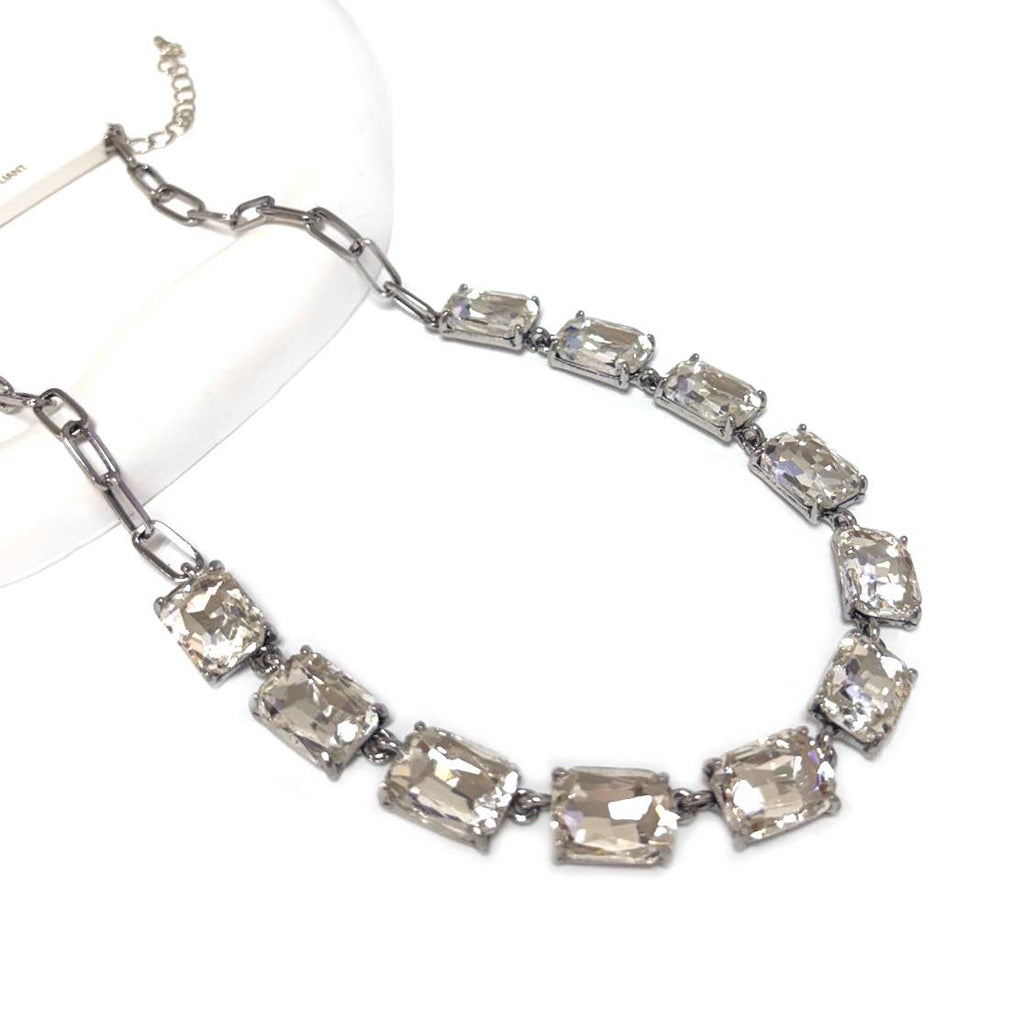 Rectangle Crystal Glass Linked Statement Chain Necklace