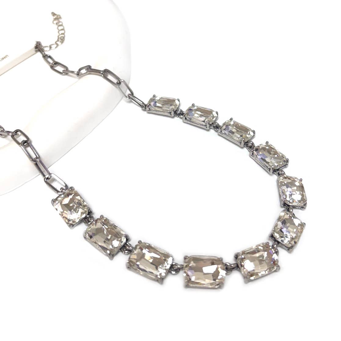 Rectangle Crystal Glass Linked Statement Chain Necklace