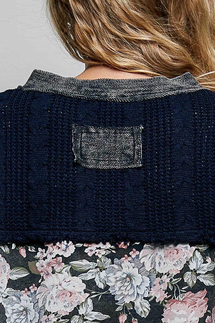 POL French Terry Raw-Edge Trim Patchwork Textured Knit Top