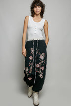 Floral Embroidery Print Patch Denim Jogger Pants