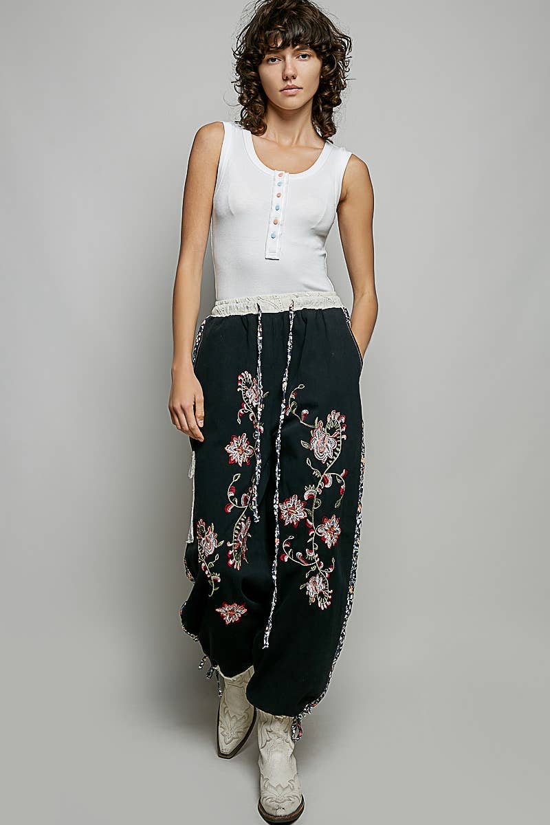 Floral Embroidery Print Patch Denim Jogger Pants