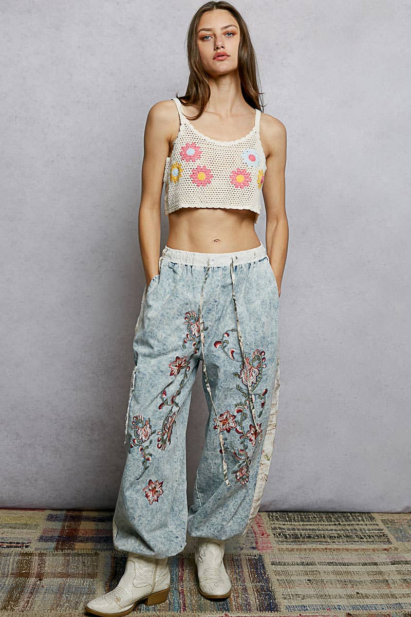 Floral Embroidery Print Patch Denim Jogger Pants