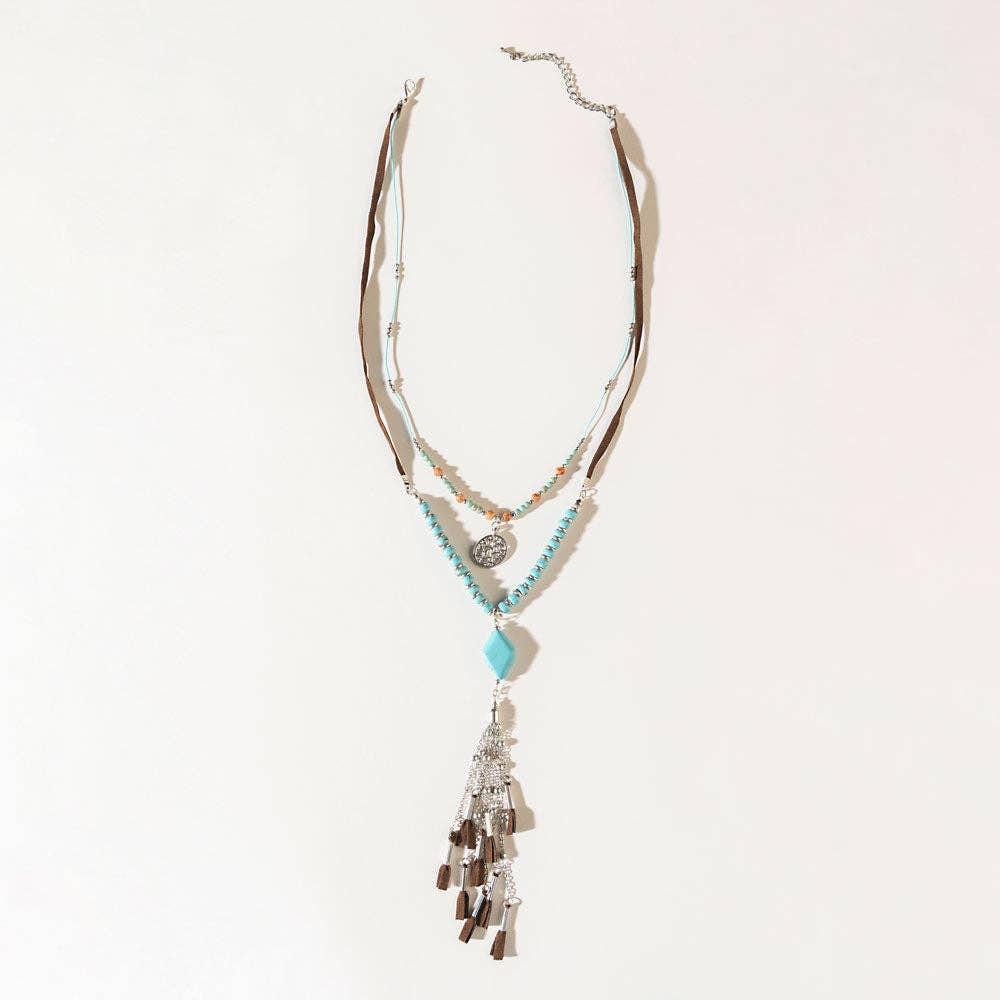 Two Moons Boho Fringe Necklace in Mesa Blue