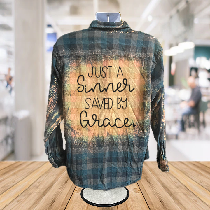 Sinner Saved by Grace Bleached Button Down Plaid Shirt