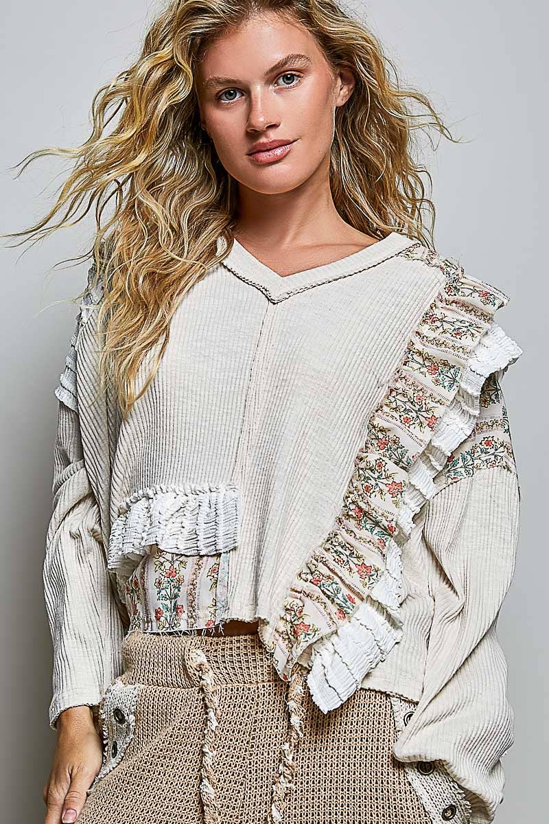 POL Floral Ruffle Trim Textured Ribbed Long Sleeve Knit Top