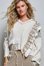 POL Floral Ruffle Trim Textured Ribbed Long Sleeve Knit Top
