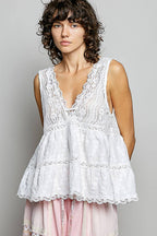 POL Sleeveless Deep V-neck Lace Trim Knit Top