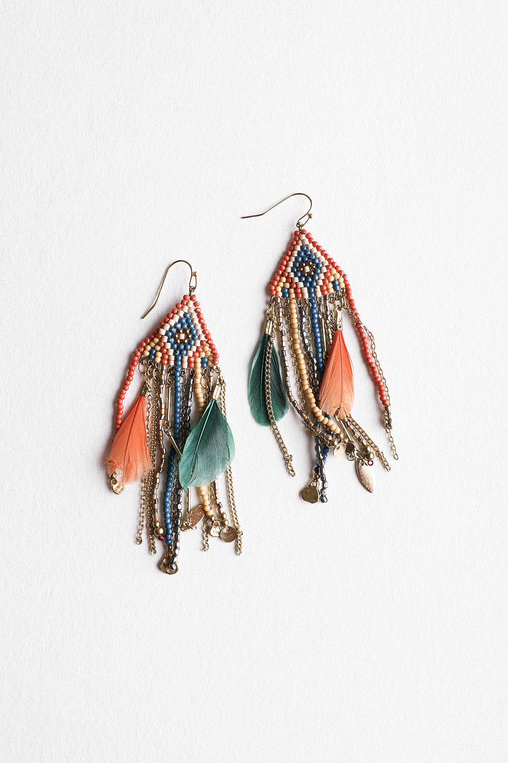 Feather & Beads Boho Earrings Jewelry Rust