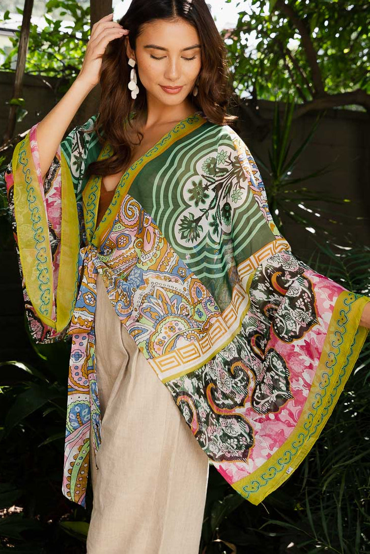 Free Spirit Boho Tie Front Wrap w/ Armholes Kimono One Size