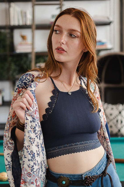 High Neck Crochet Trim Bralette Small / Navy