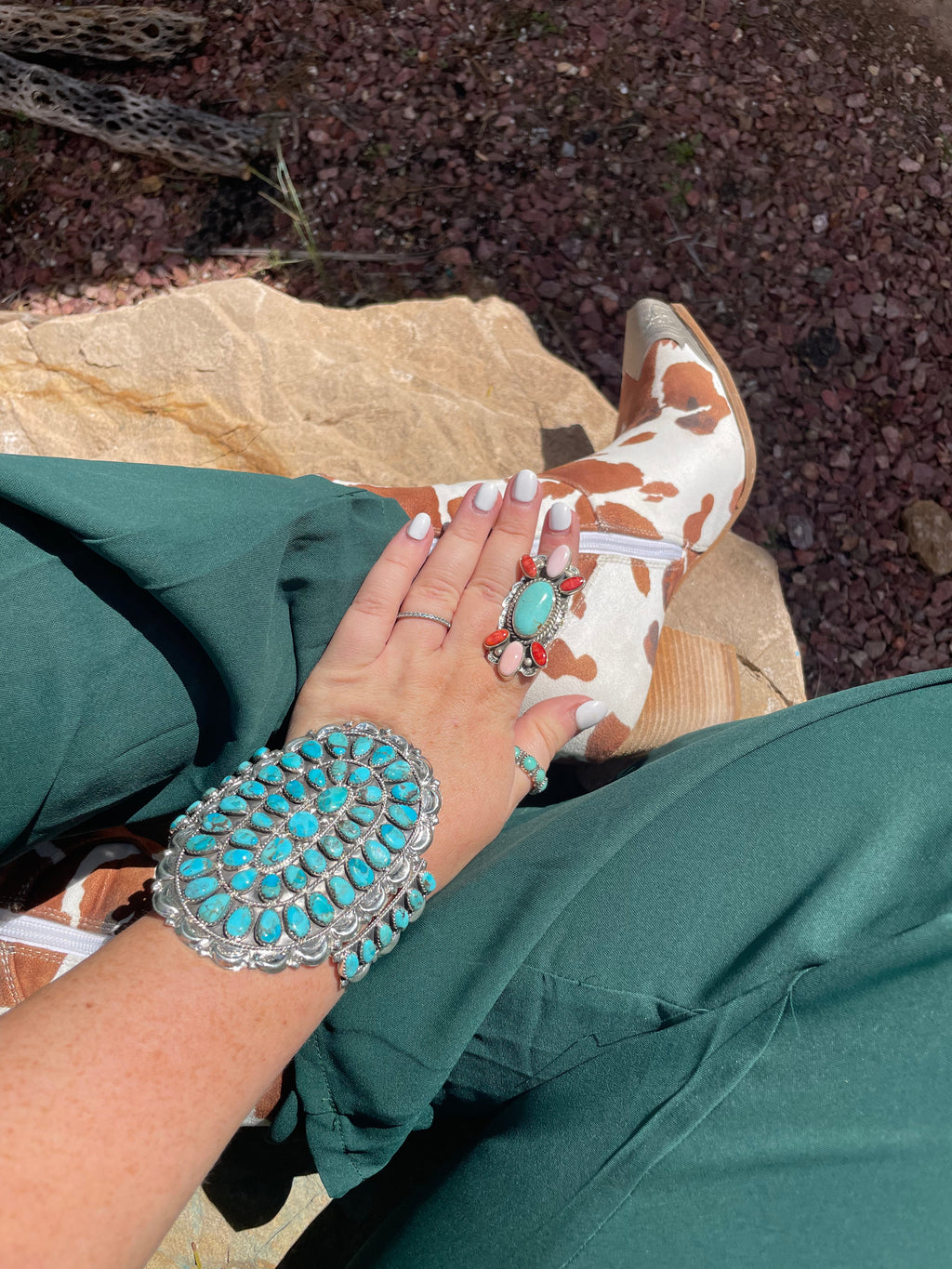 Handcrafted Sterling Silver & Turquoise Statement Cuff Bracelet Signed /