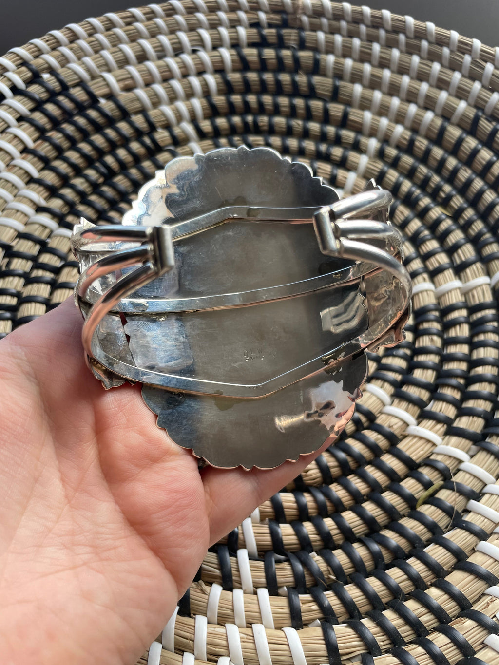 Handcrafted Sterling Silver & Turquoise Statement Cuff Bracelet Signed /