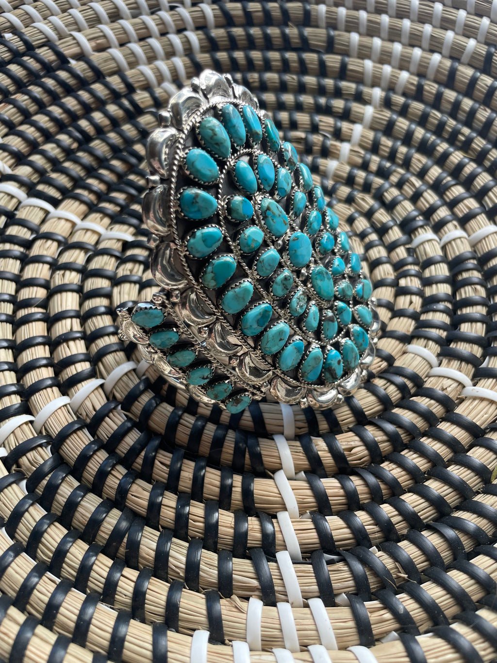 Handcrafted Sterling Silver & Turquoise Statement Cuff Bracelet Signed /