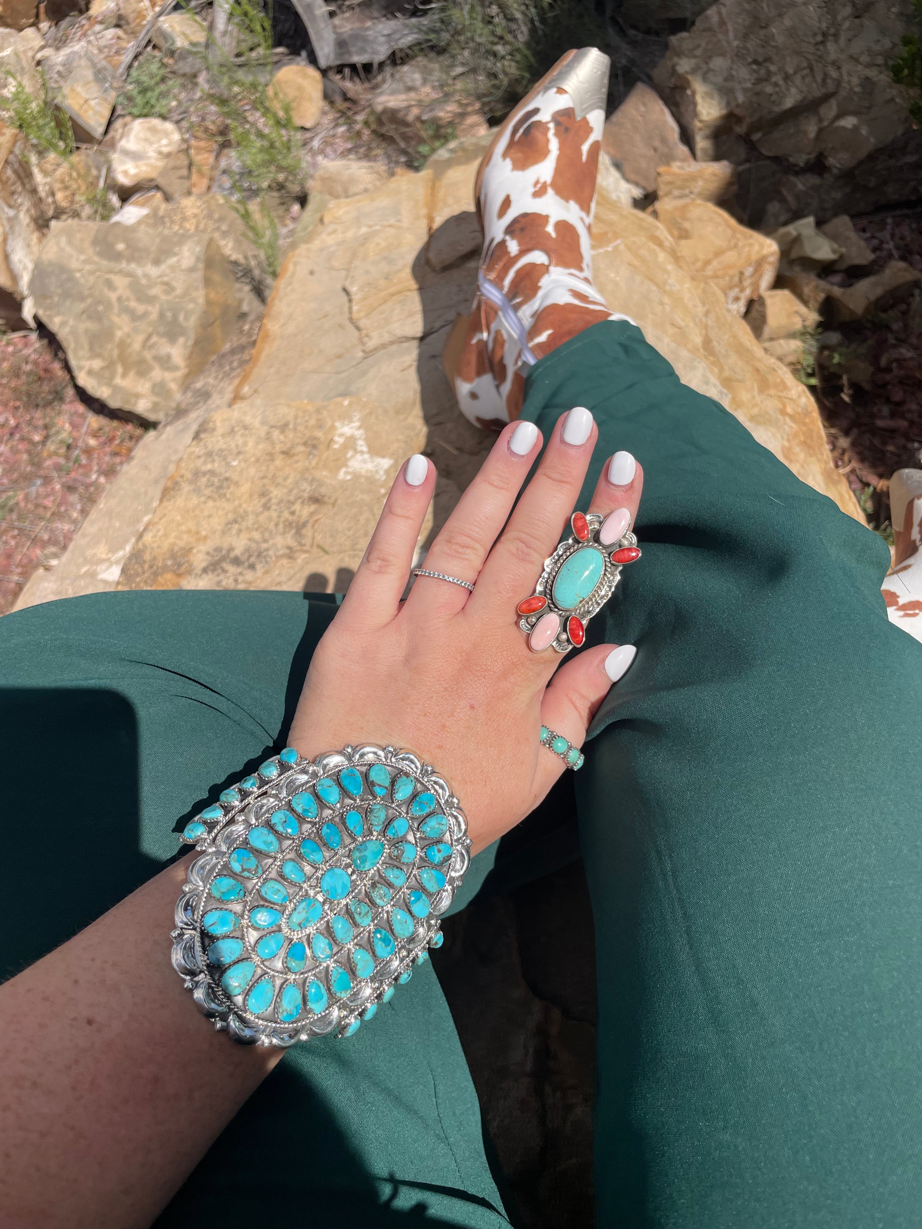 Handcrafted Sterling Silver & Turquoise Statement Cuff Bracelet Signed /