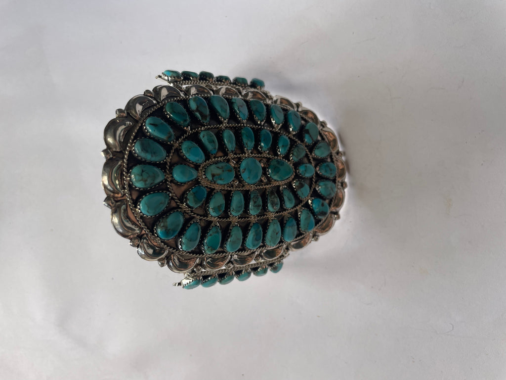 Handcrafted Sterling Silver & Turquoise Statement Cuff Bracelet Signed /