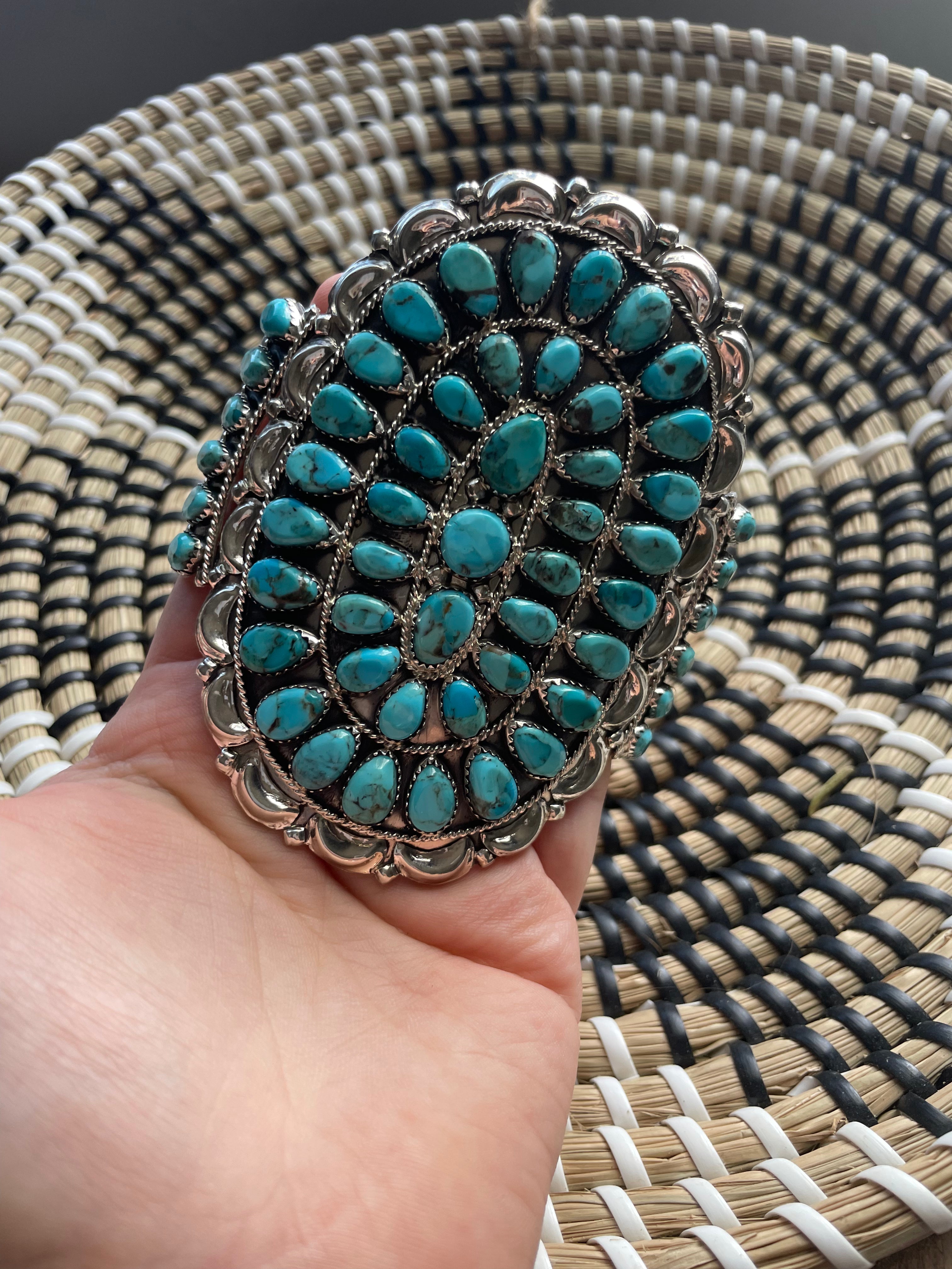 Handcrafted Sterling Silver & Turquoise Statement Cuff Bracelet Signed /
