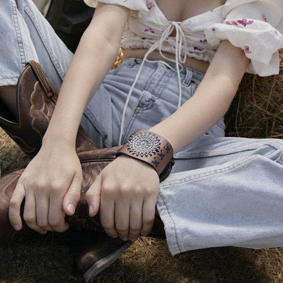 leather cuff jewelry on woman boho style