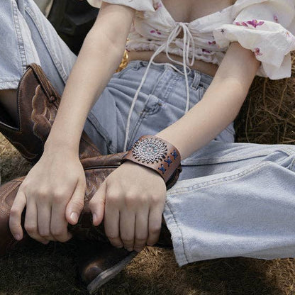 leather cuff jewelry on woman boho style