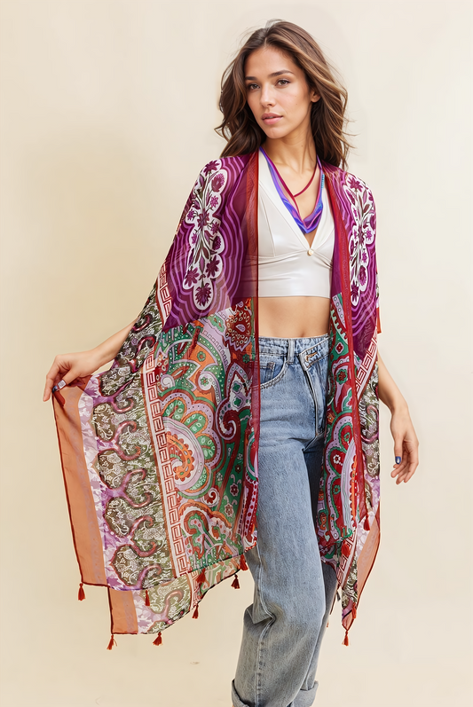 Free Spirit Cinched Sleeve Paisley Kimono