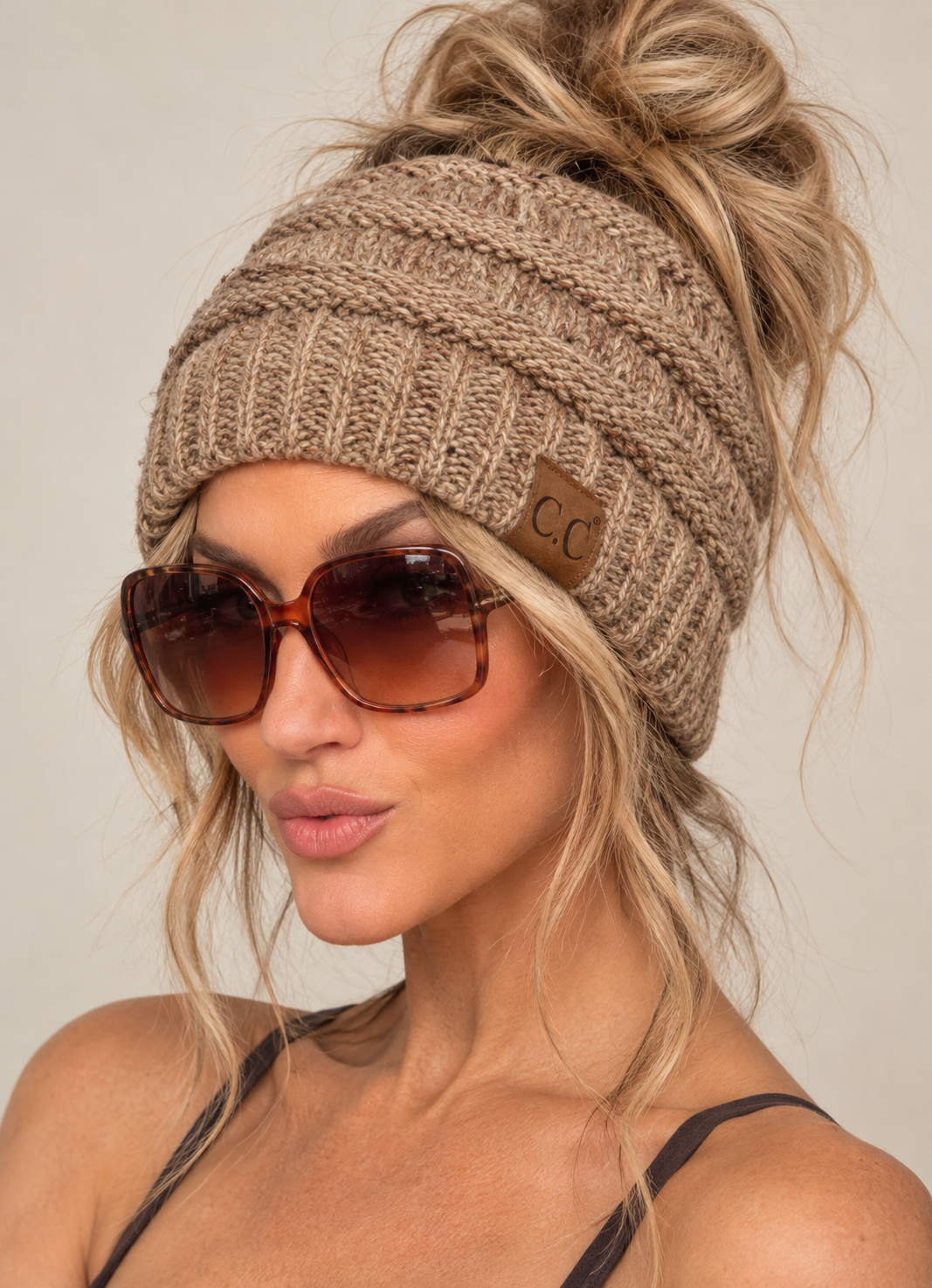 CC Ponytail Confetti Messy Bun Knit Beanie