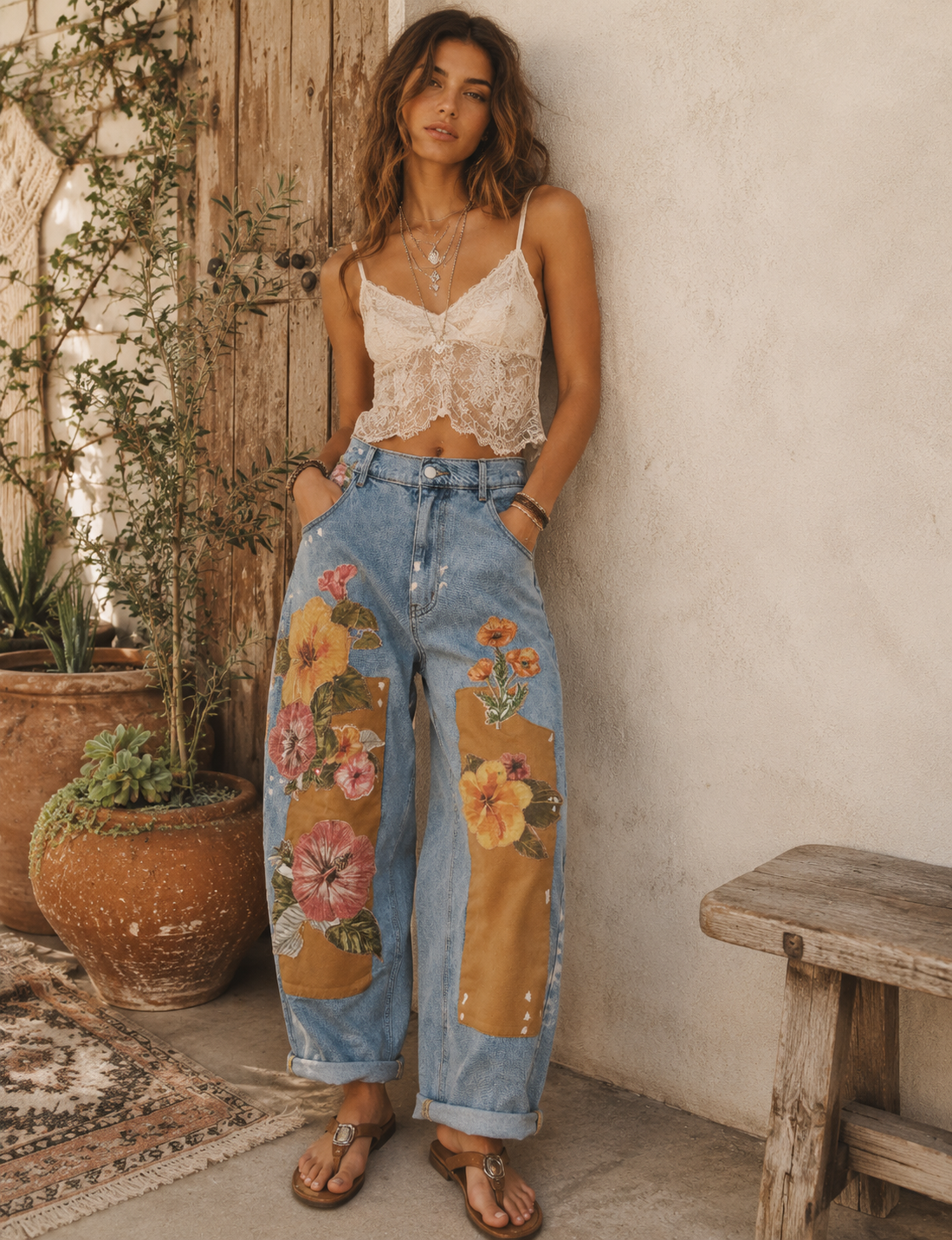 Floral Patchwork Barrel Leg Jean – High Rise Relaxed Fit