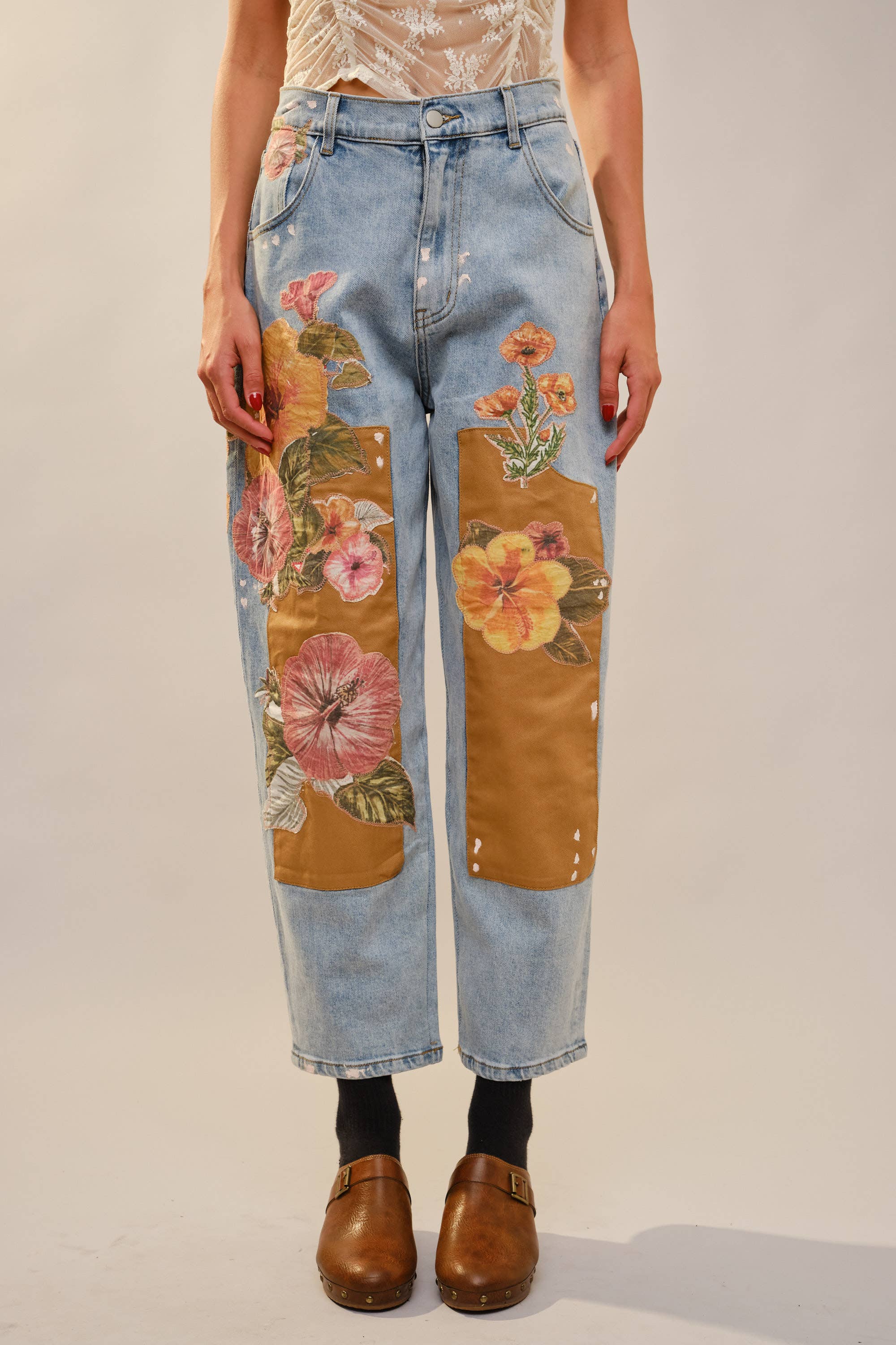 Floral Patchwork Barrel Leg Jean – High Rise Relaxed Fit