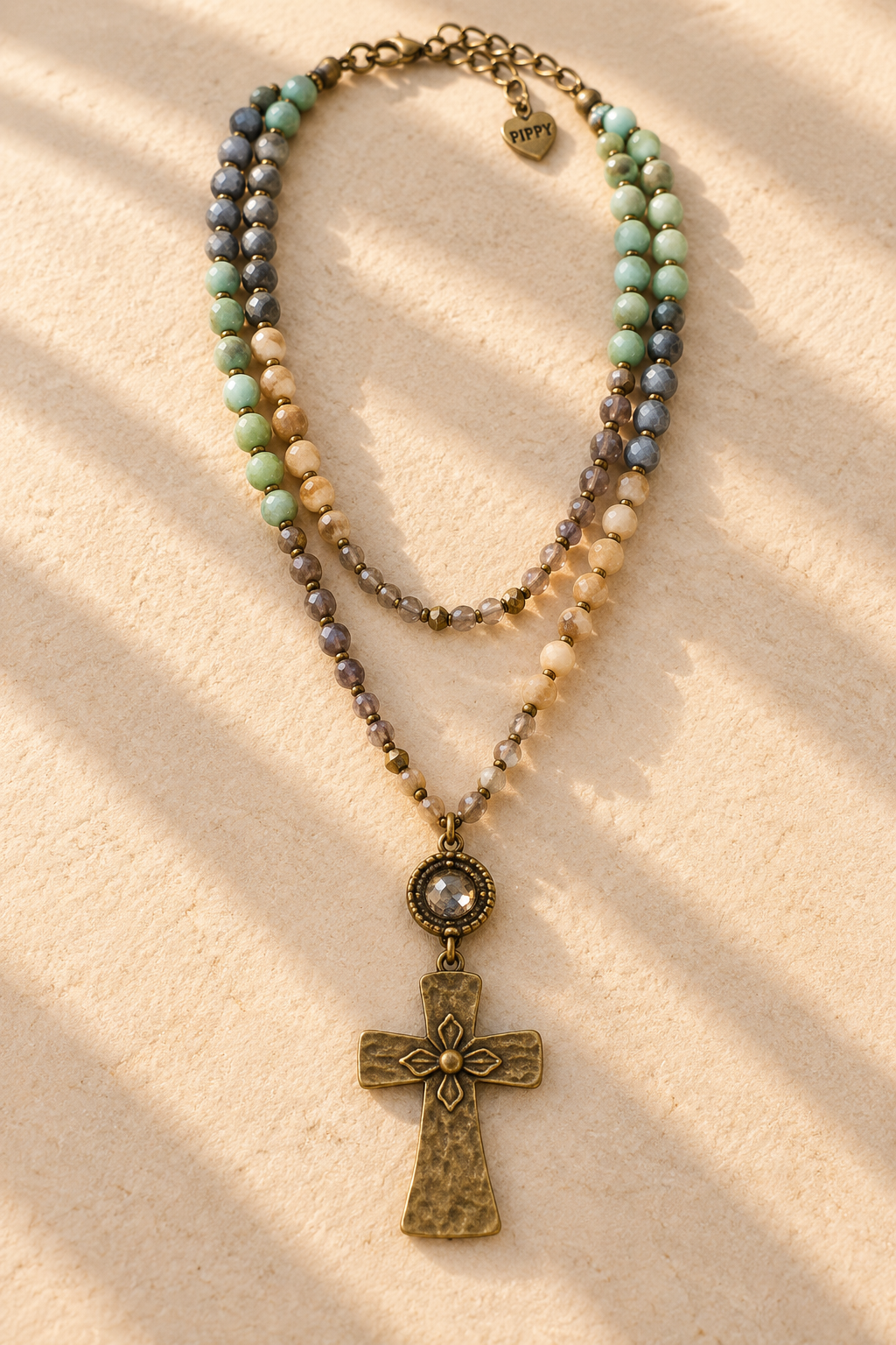 PiPPY Layered Stone Necklace + Cross Charm