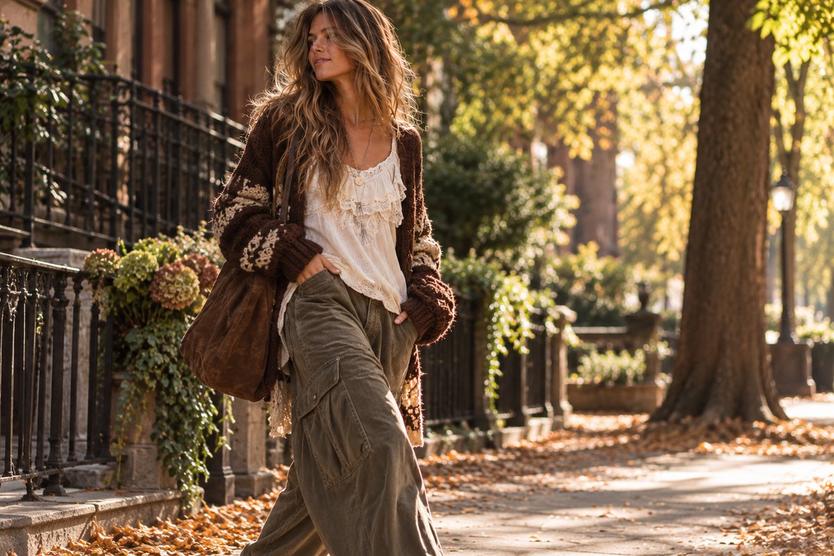 A woman walking on a sunlit city sidewalk in autumn, wearing a brown knit cardigan with floral trim, a white ruffled camisole, olive green wide-leg cargo pants, and carrying a brown tote bag.