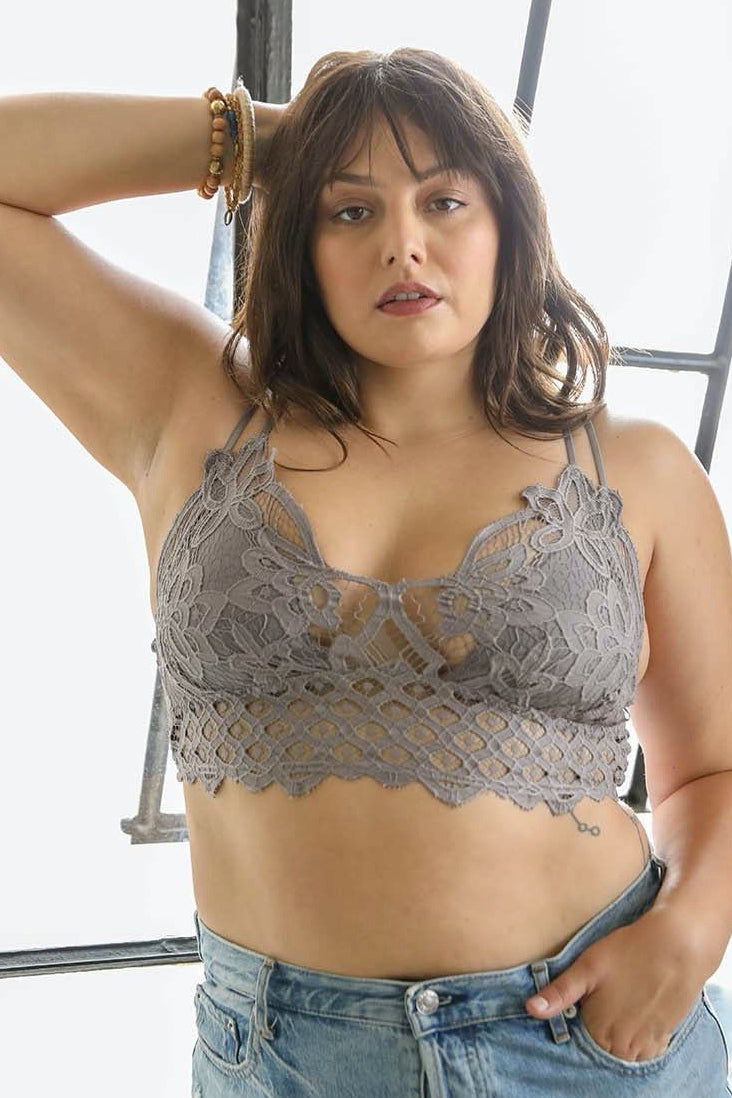 Plus Crochet Lace Longline Bralette Gray