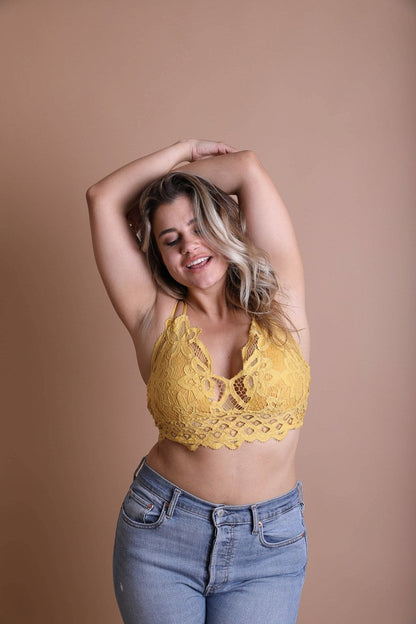 Plus Crochet Lace Longline Bralette Mustard