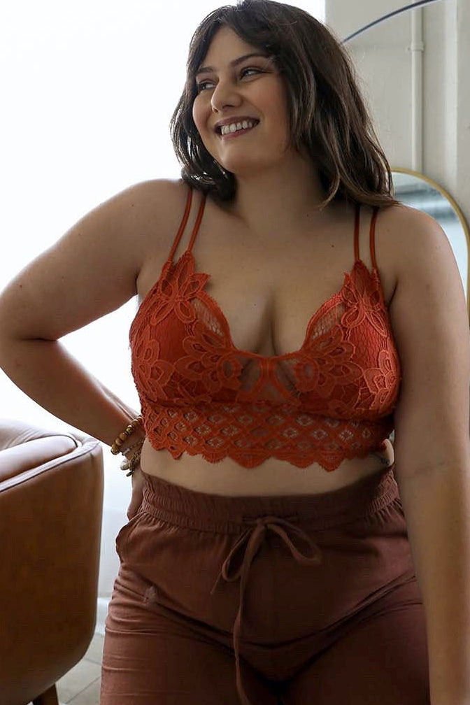 Plus Crochet Lace Longline Bralette Rust
