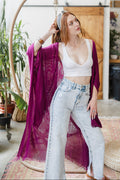 Frayed Trim Kimono Ponchos Magenta