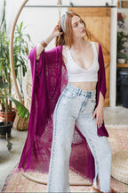 Frayed Trim Kimono Ponchos Magenta