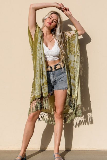 Velvet Mesh Tapestry Kimono Ponchos One Size / Mustard